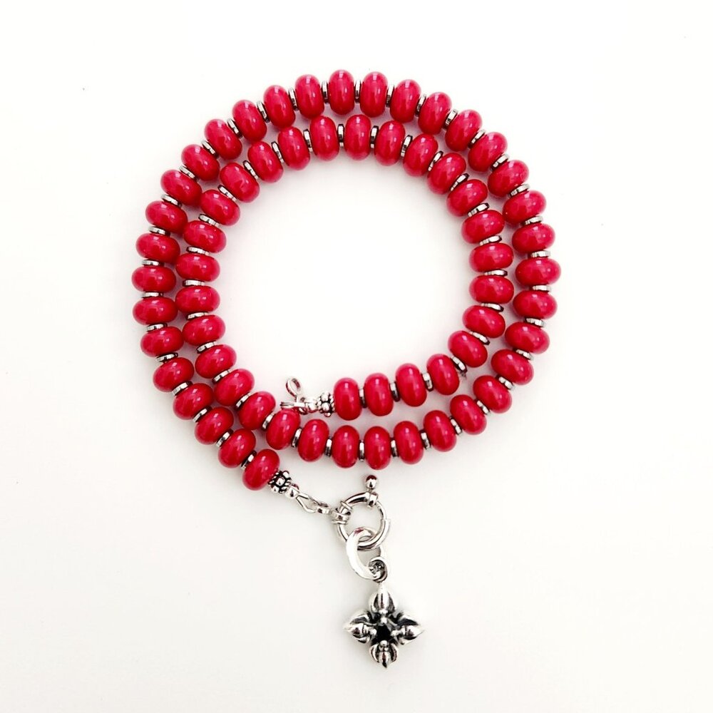 RED JADE NECKLACE W/ 925 SILVER DOUBLE DORJE PENDANT--16"